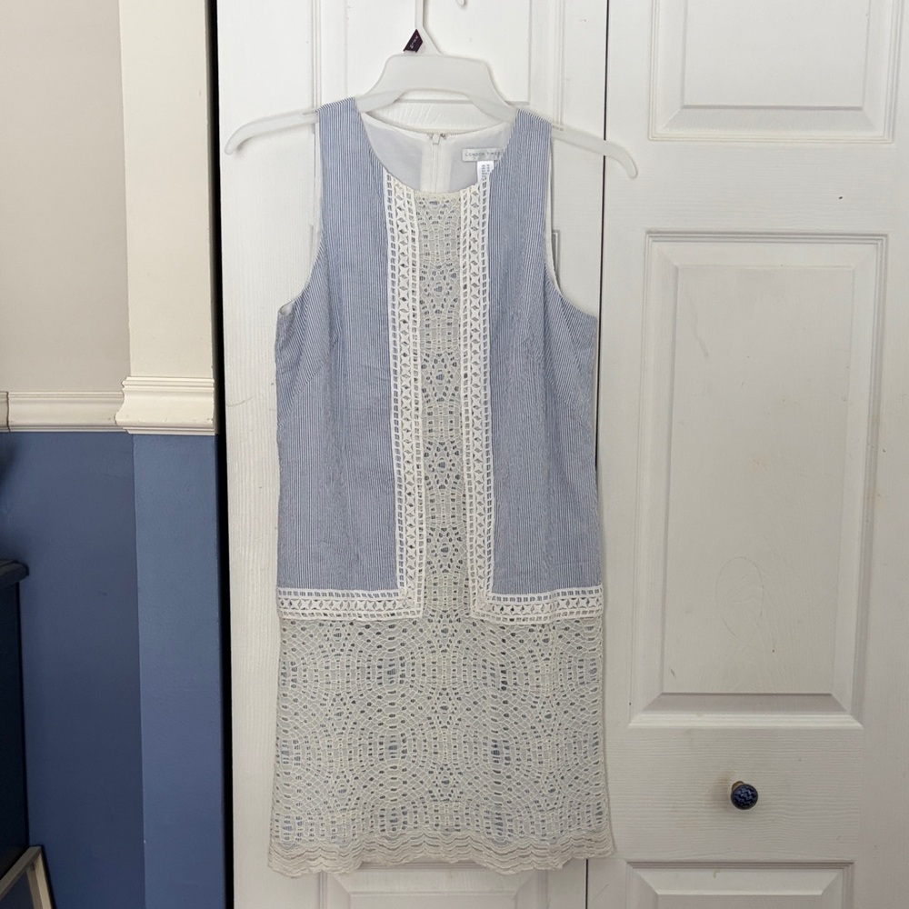 Coastal Grandma lace and blue striped dress